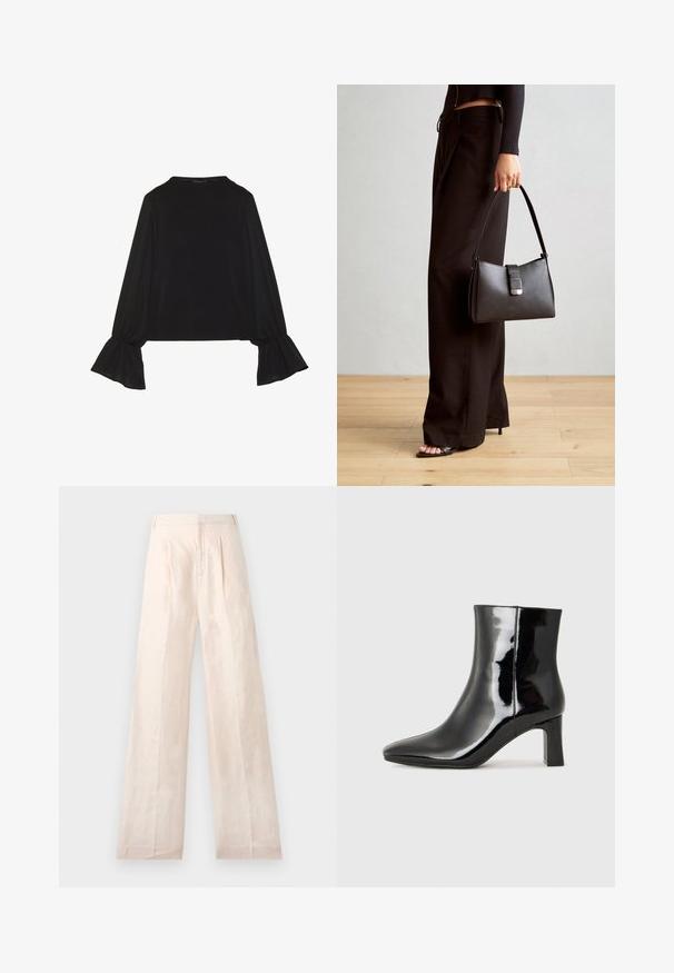 Juoda ilgomis rankovėmis palaidinė su išsiplėtusiais rankogaliais, minkšta tekstūra ir laisva forma, su paprastu apvaliu kaklu.; Smėliniai plačioji kojų kelnės, pagamintos iš lininio audinio su glotniai paviršiumi, turinčios priekinę klosčių detalę ir tvarkingą, paprastą juosmens dizainą.; Juodos lakuotos odinės aulinukės su smailiu pirštu ir vidutinio aukščio blokuotu kulnu. Lygus paviršius ir minimalistinis dizainas.; Juodas rankinė struktūrizuota forma, lygi tekstūra ir metalinis užsegimas. Suporuota su plačiomis juodomis kelnėmis ir atvirais bateliais ant medinių grindų.