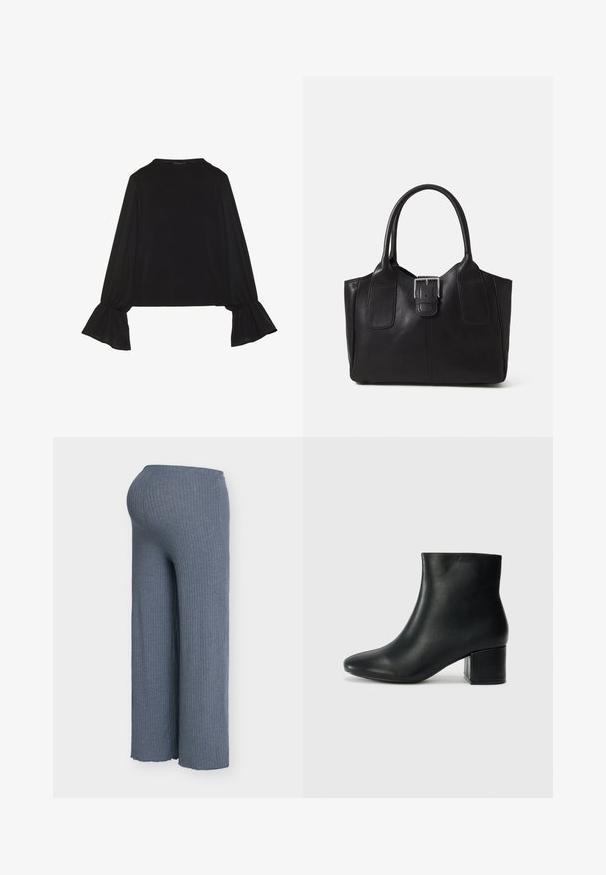 Top negru cu mânecă lungă, cu mansete evazate, textură moale și croială lejeră, având un guler rotund simplu.; Pantaloni evazați cu dungi în țesătură albastru deschis, cu talie elastică și siluetă fluidă, vizibil texturată pe toată suprafața.; Cizme negre din piele până la gleznă, cu vârf ascuțit și toc robust. Textură netedă, cu accente minime și un design elegant, ajustat.; Geantă tote din piele neagră cu textură netedă, formă structurată, două mânere și un detaliu proeminent din aliaj de argint pe partea din față.