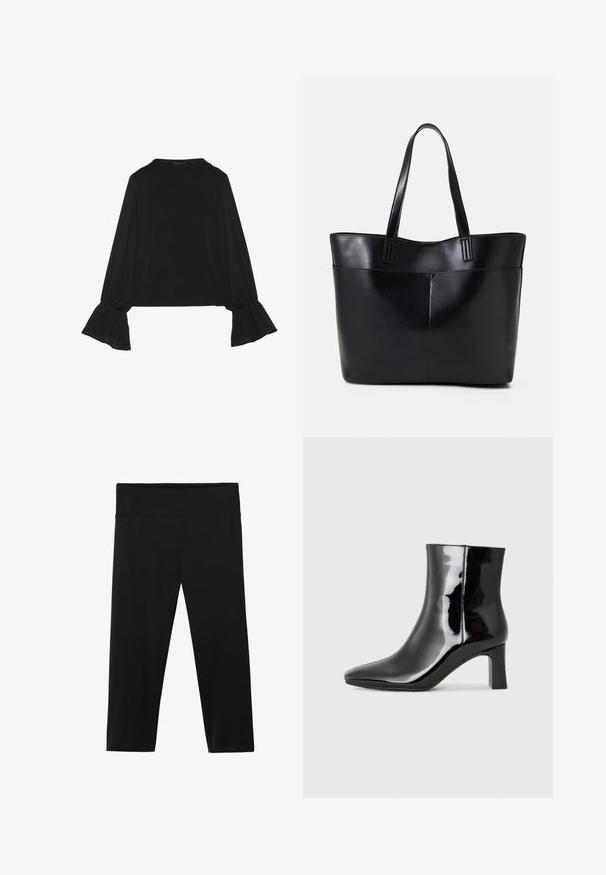 Sort langærmet top med flagrende manchetter, blød tekstur og en afslappet pasform, samt en enkel rund halsudskæring.; Sorte leggings lavet af strækbart stof med en høj, bred talje. Glat tekstur uden synlige mønstre eller hardware detaljer.; Sort lakeret ankelstøvle med spids tå og en midt-højde blokhæl. Glat tekstur og minimalistisk design.; Sort læder tote taske med to lange håndtag, en glat tekstur og en struktureret form. Har en forlommem for ekstra opbevaring.