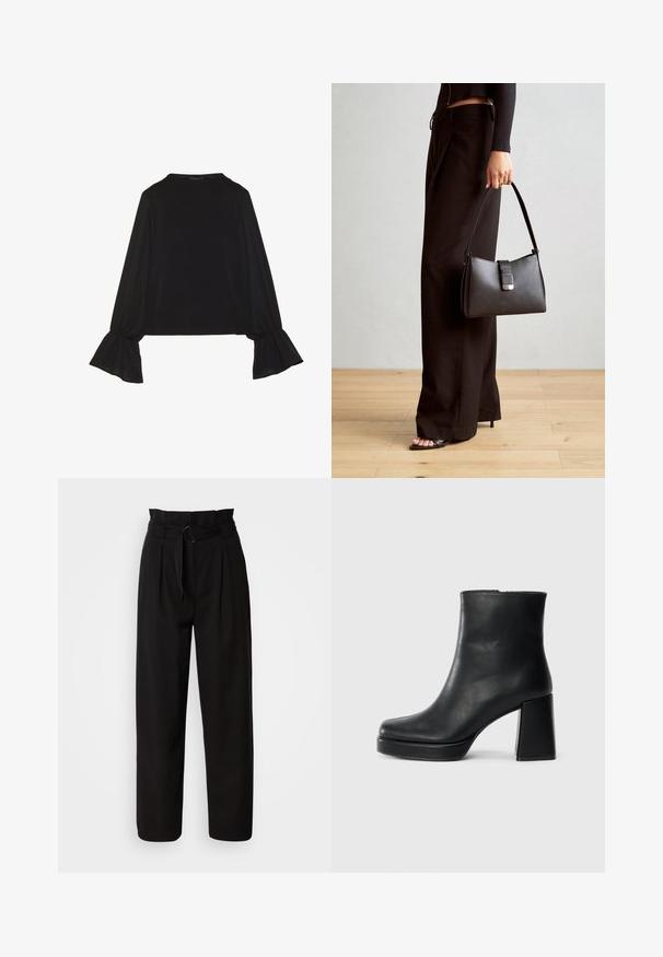 Crna majica dugih rukava s proširenim manžetama, mekanim materijalom i opuštenim krojem, s jednostavnim okruglim izrezom.; Crne hlače visokog struka s širokim nogavicama, s prednjim plitnim naborima i pojasom od tkanine s okruglom kopčom. Glatka tekstura i krojeni dizajn.; Crna kožna čizma do gležnja s blok petom i platformom, prikazana s bočne strane na jednostavnoj bijeloj pozadini.; Crna torba s oblikom koji sadrži strukturu, glađu teksturu i metalnu kopču. Uparena s širokim crnim hlačama i sandalama na otvorenom s drvenog poda.