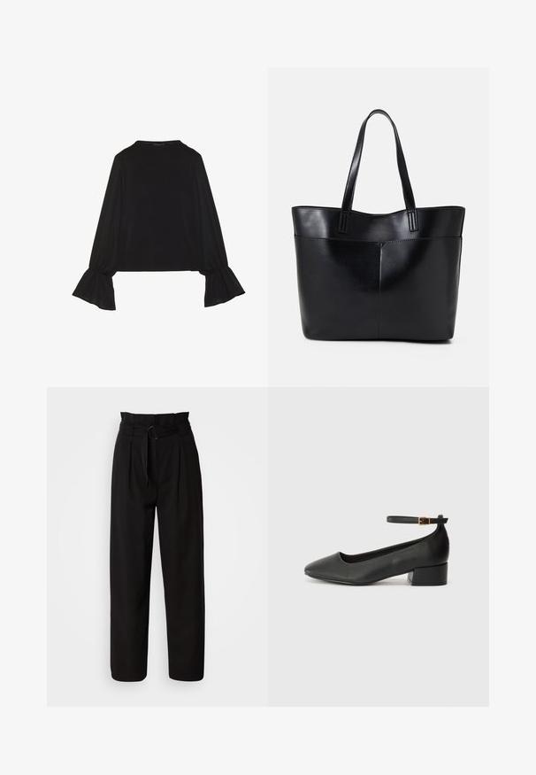 Black long-sleeve top featuring flared cuffs, soft texture, and a relaxed fit, with a simple round neckline.; Black high-waisted trousers with a wide leg, featuring front pleats and a fabric belt with a circular buckle. Smooth texture and tailored design.; Black leather pump with a pointed toe and a low block heel. Features an ankle strap with a gold-tone buckle. Smooth texture.; Black leather tote bag with two long handles, a smooth texture, and a structured shape. Features a front pocket for additional storage.
