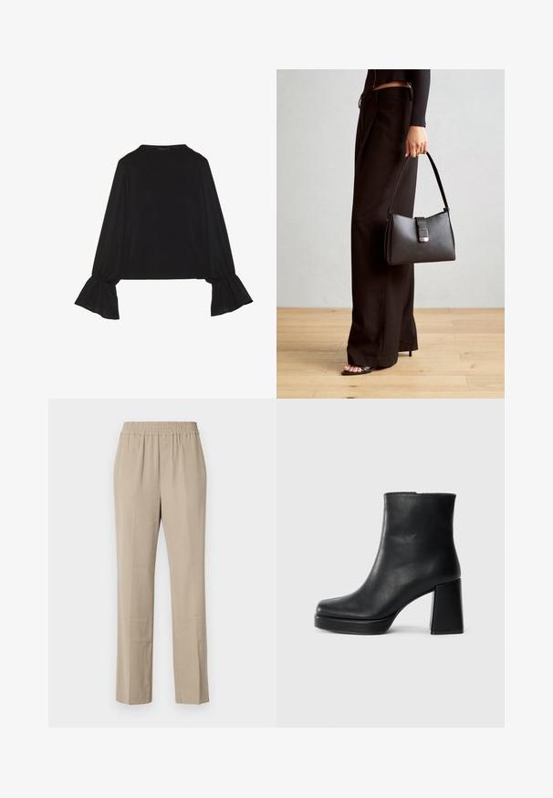 Sort langærmet top med flagrende manchetter, blød tekstur og en afslappet pasform, samt en enkel rund halsudskæring.; Beige, lette bukser med elastisk talje, lige ben, blød tekstur og subtile folder. Ingen synlige lommer.; Sort læder ankelstøvle med blokhæl og platformssål, set fra siden på en ensfarvet hvid baggrund.; Sort håndtaske med struktureret form, glat overflade og metalspænde. Sammen med brede sorte bukser og sandaler med åben tå på trægulv.