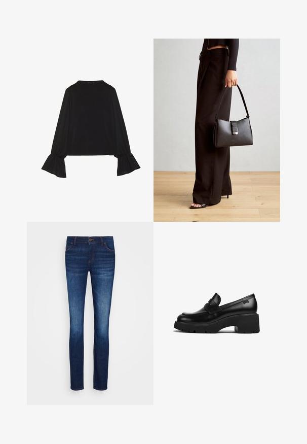 Juoda ilgomis rankovėmis palaidinė su išsiplėtusiais rankogaliais, minkšta tekstūra ir laisva forma, su paprastu apvaliu kaklu.; Tamsiai mėlynos džinsinės kelnės su lieknu siluetu, penkių kišenių dizainu ir sagčių uždarymu. Yra subtilių nusidėvėjimo požymių ir kontrastingos spalvos siūlės akcentai.; Juodas odinis loaferis su storais kulnais, storu padu ir dirželiu per viršų, rodoma iš šono ant baltos fono.; Juodas rankinė struktūrizuota forma, lygi tekstūra ir metalinis užsegimas. Suporuota su plačiomis juodomis kelnėmis ir atvirais bateliais ant medinių grindų.