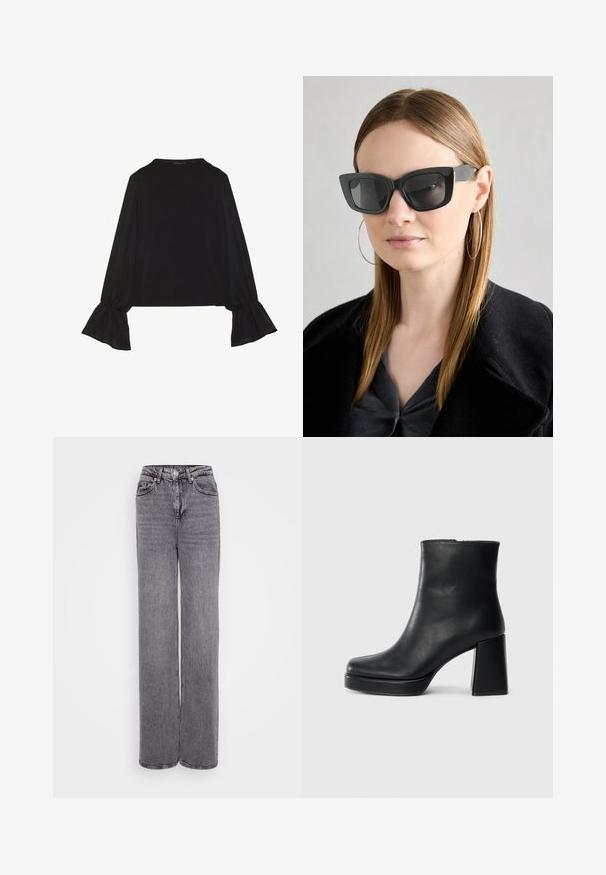 Top negru cu mânecă lungă, cu mansete evazate, textură moale și croială lejeră, având un guler rotund simplu.; Jeans gri înalt cu talie, cu un design drept, cu închidere cu buton și fermoar, cinci buzunare și un finisaj texturat din denim.; Botină din piele neagră, cu toc pătrat și talpă platformă, văzută din lateral pe un fundal alb simplu.; Ochelari de soare negri tip cat-eye cu lentile întunecate, rame groase și accente subtile. Purtați cu o haină neagră și un top gri, având părul lung și drept.
