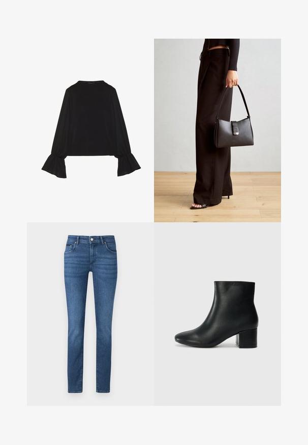 Melna garām piedurknēm krekls ar izplestu aproču, maigu tekstūru un brīvu piegriezumu, ar vienkāršu apaļu dekoltē.; Zili džinsi ar sašaurinātu kāju, piecām kabatām, jostu cilpiņām un pogu aizdari. Auduma tekstūra ir gluda ar klasisku mazgāšanu.; Melna ādas potīšu zābaki ar smailu purngalu un masīlu papēdi. Gluda tekstūra ar minimāliem akcentiem un gludu, pieguļošu dizainu.; Melnā somiņa ar strukturētu formu, gludu tekstūru un metālu sprādzi. Saskaņota ar platām melnām biksēm un sandālēm ar atvērtu purngalu uz koka grīdas.