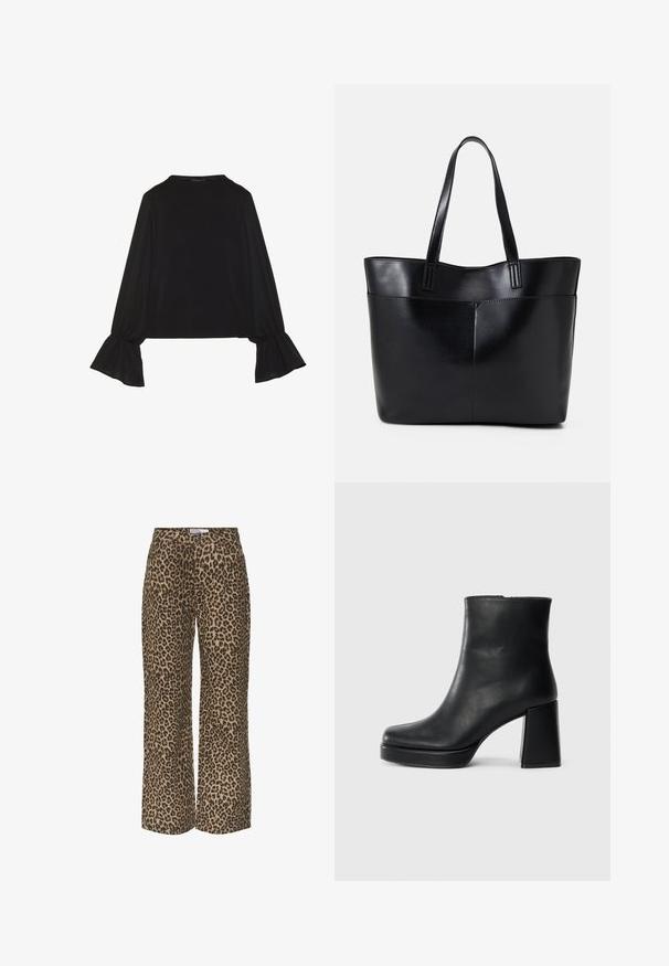 Mustsärgid musta tooniga, pika varrukaga, flöödid käised, pehme tekstuur ja vabalt langev lõige, lihtsa ümaraga kaelusega.; Leopardimustriga laiad püksid beeži ja musta värvivalikuga, klassikalise vöökoha ja juhusliku, lõdva istuvusega.; Must musta ankle boot, milleplokk-konts ja platvormi tallaga, vaadatud küljelt ühetoonilise valge tausta peal.; Must mustaga musta nahast, millel on kaks pikka kanda, sile tekstuur ja struktureeritud kuju. Esipoolsel on lisakoti jaoks tasku.