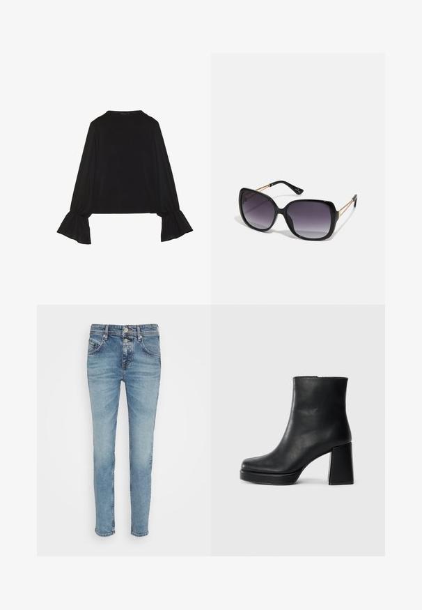 Mustsärgid musta tooniga, pika varrukaga, flöödid käised, pehme tekstuur ja vabalt langev lõige, lihtsa ümaraga kaelusega.; Heled sinine denimitooted teksad, millel on kitsas lõige, viie tasku disain ja nupplukuga. Kulunud aktsendid reite piirkonnas täiustavad tekstuuri.; Must musta ankle boot, milleplokk-konts ja platvormi tallaga, vaadatud küljelt ühetoonilise valge tausta peal.; Mustad ümarad päikeseglaasid, millel on gradient objektiivid, paksud raamid ja kuldse tooni kettaga kaunistused tempelitel.; Must musta kott, millel on struktureeritud kuju, sile tekstuur ja metallist klamber. Kombineeritud laiate mustade pükstega ja avatud varvaste sandaalidega puidust põrandal.