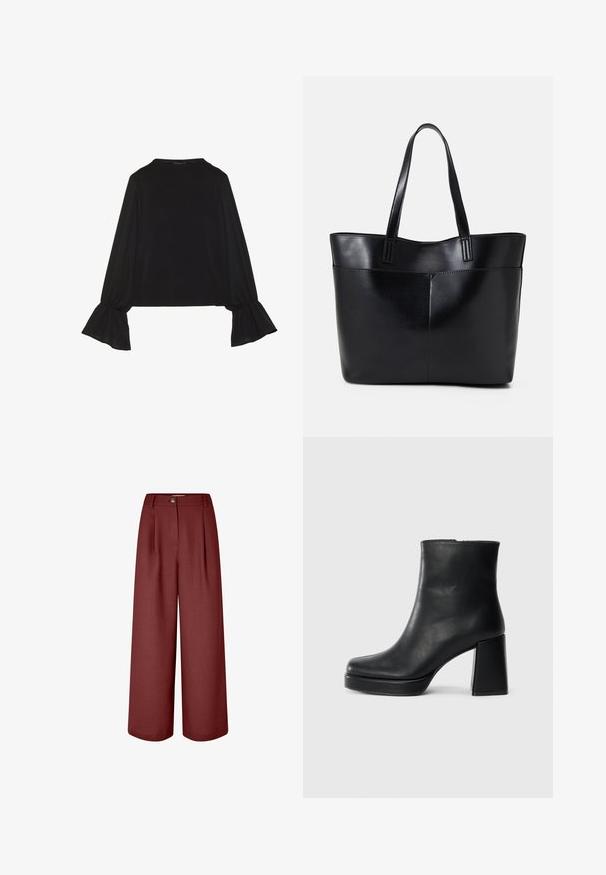 Top noir à manches longues avec des poignets évasés, texture douce et coupe décontractée, doté d'un col rond simple.; Pantalons larges dans une couleur bordeaux riche, fabriqués en tissu doux. Comprend une taille, des plis sur le devant et une fermeture à un bouton.; Bottine en cuir noir avec un talon bloc et une semelle plateforme, vue de côté sur un fond blanc uni.; Sac fourre-tout en cuir noir avec deux longues poignées, une texture lisse et une forme structurée. Dispose d'une poche avant pour un rangement supplémentaire.
