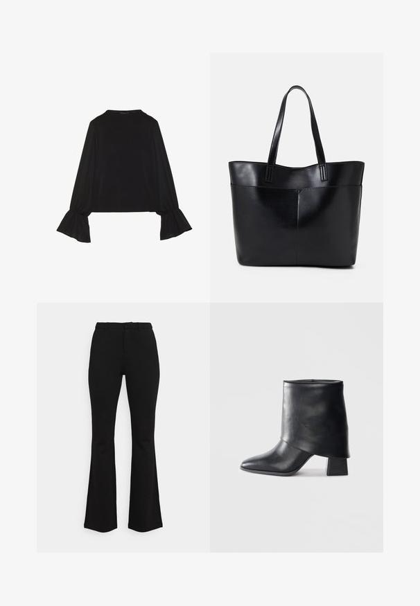 Black long-sleeve top featuring flared cuffs, soft texture, and a relaxed fit, with a simple round neckline.; Black flared trousers made of stretchy fabric. Features a fitted waist, flat front design, and subtle seam detailing. Smooth texture overall.; Black leather ankle boot with a pointed toe, smooth texture, and a structured block heel. Features a high, folded cuff design.; Black leather tote bag with two long handles, a smooth texture, and a structured shape. Features a front pocket for additional storage.