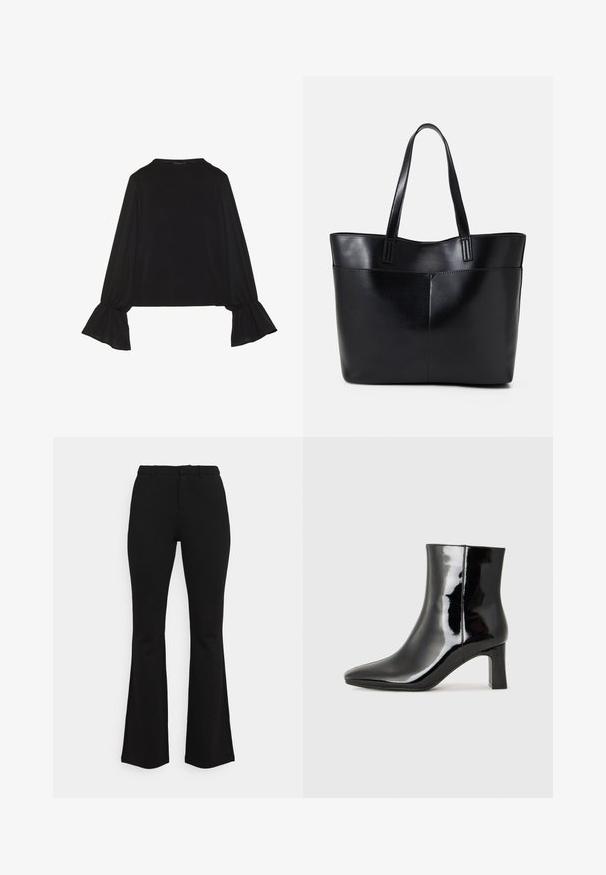 Black long-sleeve top featuring flared cuffs, soft texture, and a relaxed fit, with a simple round neckline.; Black flared trousers made of stretchy fabric. Features a fitted waist, flat front design, and subtle seam detailing. Smooth texture overall.; Black patent leather ankle boot with a pointed toe and a mid-height block heel. Smooth texture and minimalist design.; Black leather tote bag with two long handles, a smooth texture, and a structured shape. Features a front pocket for additional storage.