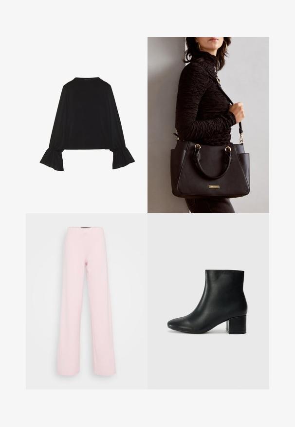 Black long-sleeve top featuring flared cuffs, soft texture, and a relaxed fit, with a simple round neckline.; Light pink wide-leg pants, made of a soft fabric, featuring a high elastic waistband and no visible patterns or hardware.; Black leather ankle boots with a pointed toe and a chunky heel. Smooth texture with minimal accents and a sleek, fitted design.; Black handbag with textured surface, dual top handles, and adjustable shoulder strap. Features gold-tone hardware and side pockets.; Silver heart-shaped earrings feature faceted clear stones, with a textured frame. The set includes stud and drop styles.
