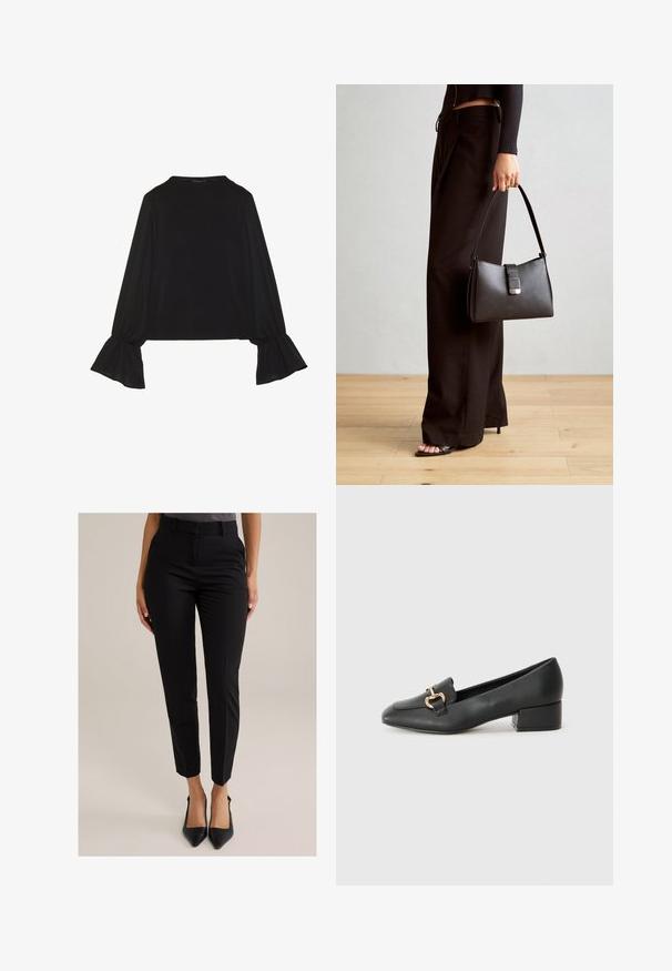 Melna garām piedurknēm krekls ar izplestu aproču, maigu tekstūru un brīvu piegriezumu, ar vienkāršu apaļu dekoltē.; Sieviete, tērpusies pieguļošās melnās potītes garuma biksēs un melnos smailviedo apavos, stāv uz gaiša fona.; Melnas ādas loafers ar plakanu papēdi, kurām priekšā ir dekoratīvs zelta aparatūras elements un gluda tekstūra.; Melnā somiņa ar strukturētu formu, gludu tekstūru un metālu sprādzi. Saskaņota ar platām melnām biksēm un sandālēm ar atvērtu purngalu uz koka grīdas.