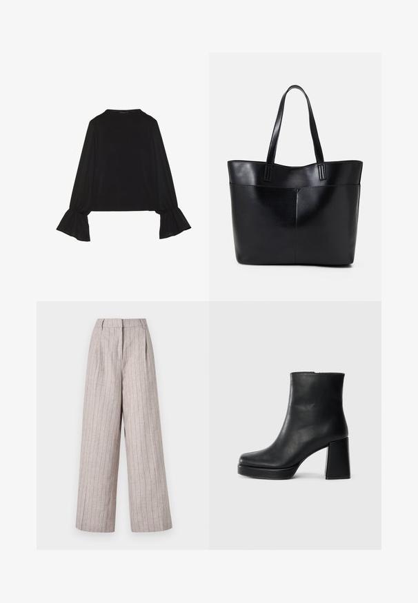 Crna majica dugih rukava s proširenim manžetama, mekanim materijalom i opuštenim krojem, s jednostavnim okruglim izrezom.; Svijetlosivi široki hlače izrađene od teksturirane tkanine s vertikalnim prugama. Imaju visoki struk i prednje nabore za dodatni stil.; Crna kožna čizma do gležnja s blok petom i platformom, prikazana s bočne strane na jednostavnoj bijeloj pozadini.; Crna kožna torba s dugim ručkama, glatkom teksturom i strukturiranim oblikom. Ima prednju džep za dodatno pohranu.
