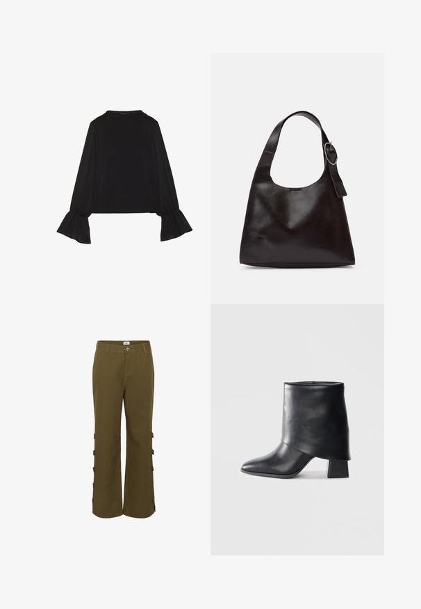 Black long-sleeve top featuring flared cuffs, soft texture, and a relaxed fit, with a simple round neckline.; Khaki green trousers with a straight leg design, featuring side buttons and a plain texture. Made of woven fabric, suitable for casual wear.; Black leather ankle boot with a pointed toe, smooth texture, and a structured block heel. Features a high, folded cuff design.; Brown leather shoulder bag with a smooth texture, rounded shape, wide strap, and circular metallic accent on the handle.