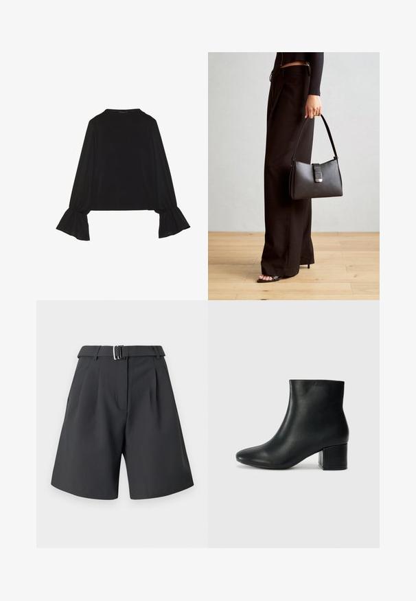 Čierny top s dlhými rukávmi, flitrovanými manžetami, mäkkou textúrou a voľným strihom, s jednoduchým okrúhlym výstrihom.; Tmavo šedé šortky vyrobené z hladkého materiálu, s prehýbaným predným dielom, zretelným pásom so šperkovou prackou a bočnými vreckami.; Čierne kožené členkové čižmy s špicatou špičkou a hrubým podpätkom. Hladká textúra s minimálnymi akcentmi a elegantným, priliehavým dizajnom.; Čierna kabelka so štruktúrovaným tvarom, hladkou textúrou a kovovou sponou. V kombinácii so širokými čiernymi nohavicami a sandálmi s otvorenou špičkou na drevenej podlahe.