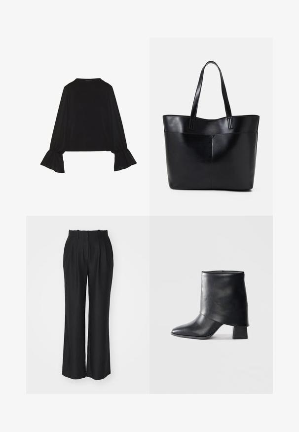 Black long-sleeve top featuring flared cuffs, soft texture, and a relaxed fit, with a simple round neckline.; Black wide-leg trousers with a high waistband, featuring pleats, crafted from a smooth, textured fabric, with a straight cut to the hem.; Black leather ankle boot with a pointed toe, smooth texture, and a structured block heel. Features a high, folded cuff design.; Black leather tote bag with two long handles, a smooth texture, and a structured shape. Features a front pocket for additional storage.