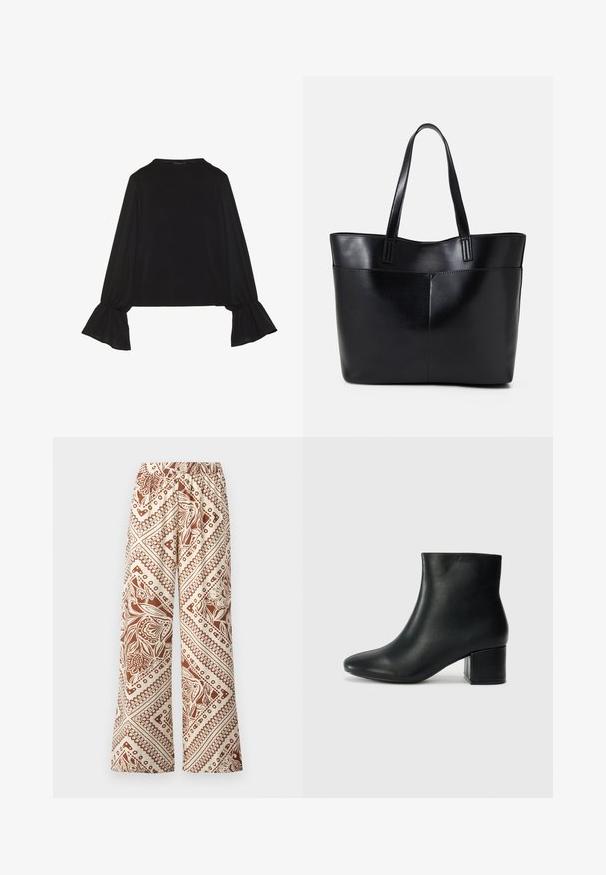Top negro de manga larga con puños acampanados, textura suave y un ajuste relajado, con un sencillo cuello redondo.; Pantalones de pierna ancha en una tela crema con un patrón floral marrón y diseños geométricos, cinturilla elástica y textura suave.; Botas de cuero negras hasta el tobillo con una punta afilada y un tacón grueso. Textura lisa con acentos mínimos y un diseño elegante y ajustado.; Bolso tote de cuero negro con dos asas largas, textura suave y forma estructurada. Cuenta con un bolsillo frontal para almacenamiento adicional.