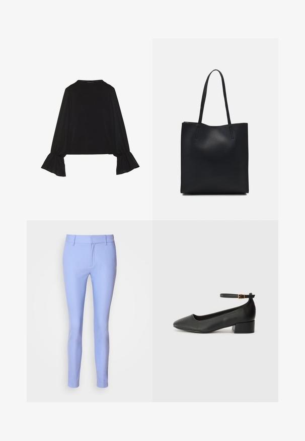 Svart långärmad topp med utställda ärmslut, mjuk textur och avslappnad passform, med en enkel rund halsringning.; Ljust blå skräddarsydda byxor med smal passform. Tillverkade av ett slätt tyg, med platt front, bälteshällor och minimal detaljer.; Svart läderpump med spetsig tå och en låg klack. Har en ankelsnodd med en guldtonad spänne. Slät textur.; Svart lädertoffelväska med slät textur, rektangulär form och två långa handtag. Ingen synlig hårdvara eller dekorationer.