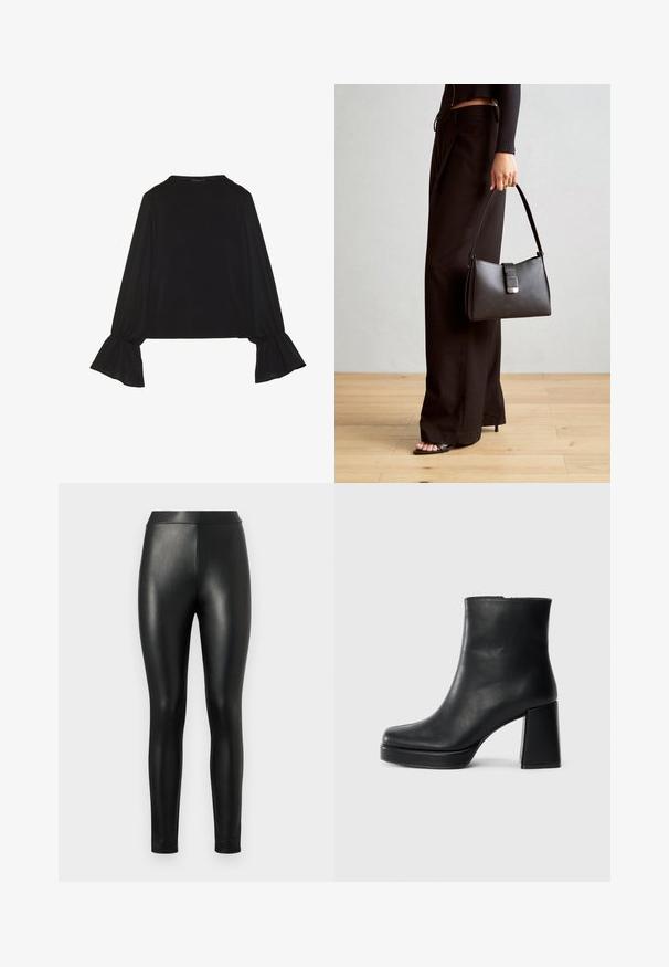 Black long-sleeve top featuring flared cuffs, soft texture, and a relaxed fit, with a simple round neckline.; Black faux leather leggings with a smooth texture, high waistband, and snug fit, designed for a streamlined silhouette.; Black leather ankle boot with a block heel and platform sole, viewed from the side on a plain white background.; Black handbag with structured shape, smooth texture, and a metallic clasp. Paired with wide black pants and open-toe sandals on wooden floor.