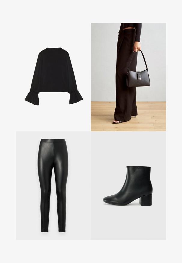 Zwarte langemouwen top met uitlopende manchetten, een zachte textuur en een relaxed fit, met een eenvoudige ronde halslijn.; Zwarte nep leren leggings met een gladde uitstraling, hoge tailleband en strakke pasvorm, ontworpen voor een gestroomlijnde silhouette.; Zwarte leren enkellaarzen met een spitse neus en een chunky hak. Gladde textuur met minimale accenten en een slank, strakk ontwerp.; Zwarte handtas met gestructureerde vorm, gladde textuur en een metalen sluiting. Gecombineerd met brede zwarte broeken en sandalen met open teen op een houten vloer.