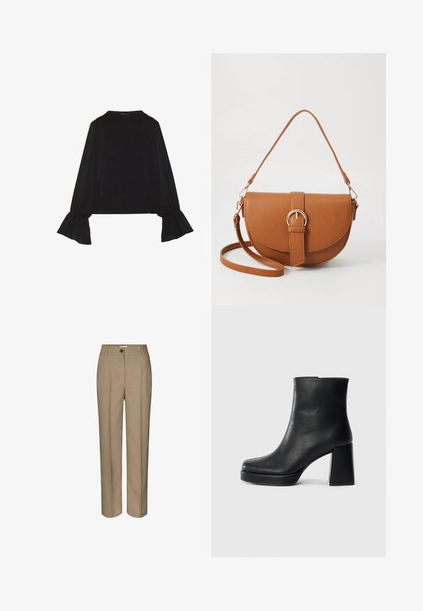 Schwarz langärmliges Oberteil mit ausgestellt geschnittenen Bündchen, weicher Textur und entspannter Passform, mit einem schlichten runden Halsausschnitt.; Beige maßgeschneiderte Hosen mit geradem Bein, ausgestattet mit einem Knopfverschluss und einer klaren Vorderfalte. Hergestellt aus einem glatten Stoff.; Schwarze Leder-Stiefelette mit Blockabsatz und Plattformsohle, seitlich auf einem schlichten weißen Hintergrund betrachtet.; Braune Leder-Crossbody-Tasche mit geschwungener Form, goldfarbenen Beschlägen und einer Schnallenakzentuierung. Verfügt über einen abnehmbaren Schultergurt.