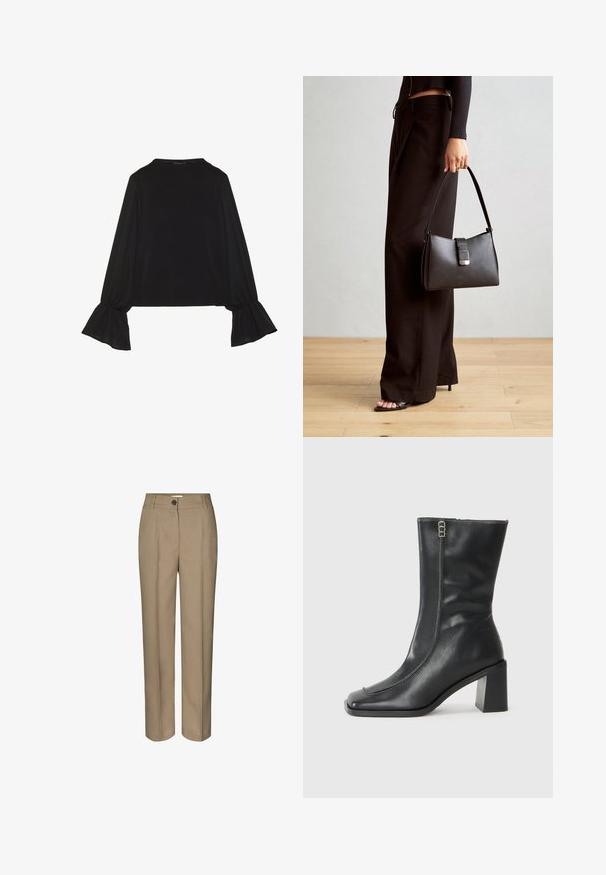 Melna garām piedurknēm krekls ar izplestu aproču, maigu tekstūru un brīvu piegriezumu, ar vienkāršu apaļu dekoltē.; Bēša pielāgotas bikses ar taisna piegriezuma dizainu, ar vienu pogu aizdari un gludām priekšējām krokām. Izgatavotas no gludas auduma.; Melna ādas potīšu zābaki ar kvadrātveida purngalu, sānu rāvējslēdzēju un masīlu kvadrātveida papēdi. Sastāvdaļas ar kontrastkrāsas dūrienu gar priekšējo šuvi.; Melnā somiņa ar strukturētu formu, gludu tekstūru un metālu sprādzi. Saskaņota ar platām melnām biksēm un sandālēm ar atvērtu purngalu uz koka grīdas.