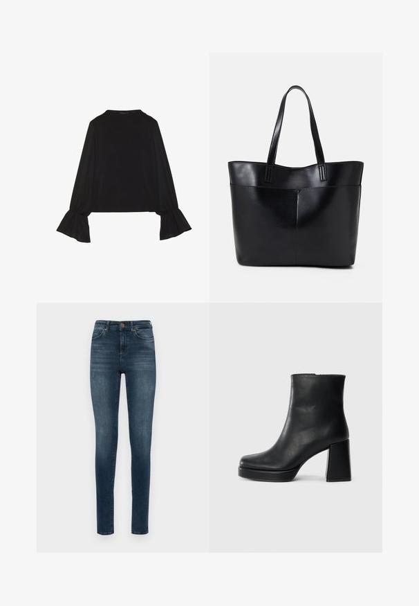 Mustsärgid musta tooniga, pika varrukaga, flöödid käised, pehme tekstuur ja vabalt langev lõige, lihtsa ümaraga kaelusega.; Tumedad sinise, slim-fit teksad, mis on valmistatud denimist; standardne nööp sulgemine ja viie tasku disain; sile pind, millel on minimaalne pleekimine.; Must musta ankle boot, milleplokk-konts ja platvormi tallaga, vaadatud küljelt ühetoonilise valge tausta peal.; Must mustaga musta nahast, millel on kaks pikka kanda, sile tekstuur ja struktureeritud kuju. Esipoolsel on lisakoti jaoks tasku.