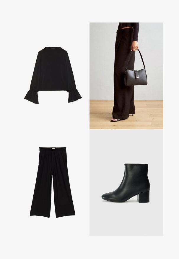 Zwarte langemouwen top met uitlopende manchetten, een zachte textuur en een relaxed fit, met een eenvoudige ronde halslijn.; Zwarte wijde broek met een rekbare tailleband. De stof is glad met een subtiele val, wat een ontspannen silhouet creëert. Geen patronen of accenten.; Zwarte leren enkellaarzen met een spitse neus en een chunky hak. Gladde textuur met minimale accenten en een slank, strakk ontwerp.; Zwarte handtas met gestructureerde vorm, gladde textuur en een metalen sluiting. Gecombineerd met brede zwarte broeken en sandalen met open teen op een houten vloer.