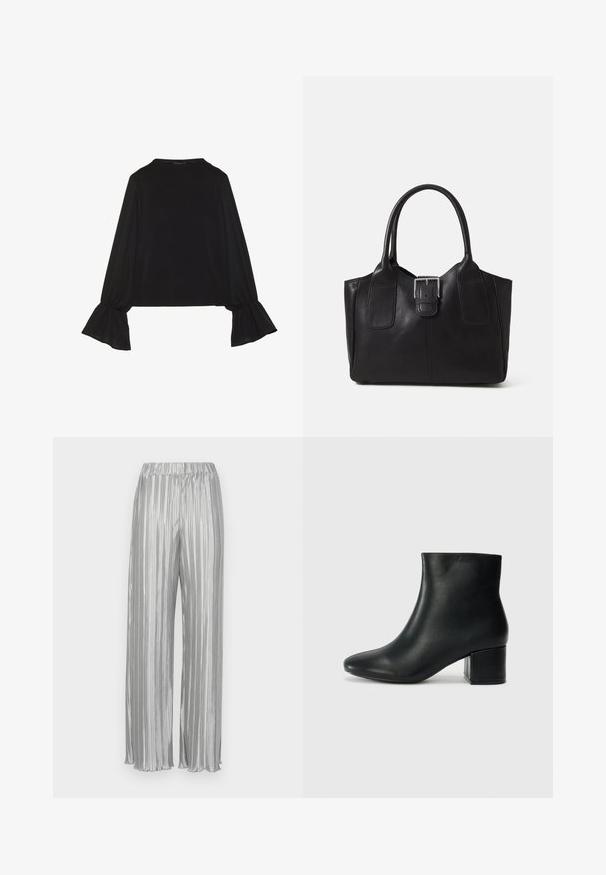 Top preto de mangas longas com punhos largos, textura suave e um corte descontraído, com um simples decote redondo.; Calças plissadas prateadas com um cós elástico, pernas largas e uma textura metálica suave. Rayas verticais aumentam o apelo visual.; Botas de tornozelo em pele preta com bico pontiagudo e um salto robusto. Textura suave com acentos mínimos e um design ajustado e elegante.; Bolsa tote de couro preta com textura suave, forma estruturada, duas alças e um destaque prateado proeminente na parte da frente.