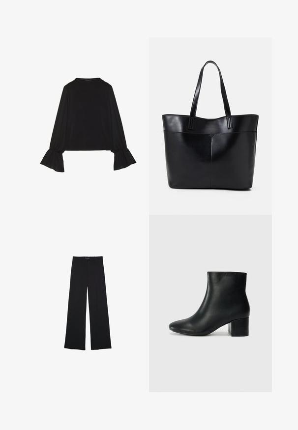 Czarny top z długim rękawem, z rozkloszowanymi mankietami, miękką fakturą i luźnym krojem, z prostym okrągłym dekoltem.; Czarne spodnie typu wide-leg wykonane z gładkiego materiału. Charakteryzują się klasycznym krojem, przednimi kieszeniami oraz elastycznym pasem z zapięciem na guzik.; Czarne skórzane botki za kostkę z ostrym noskiem i masywnym obcasem. Gładka tekstura z minimalnymi akcentami i elegancki, dopasowany fason.; Czarna skórzana torba na ramię z dwoma długimi uchwytami, gładką teksturą i sztywną formą. Posiada przednią kieszeń dla dodatkowego przechowywania.