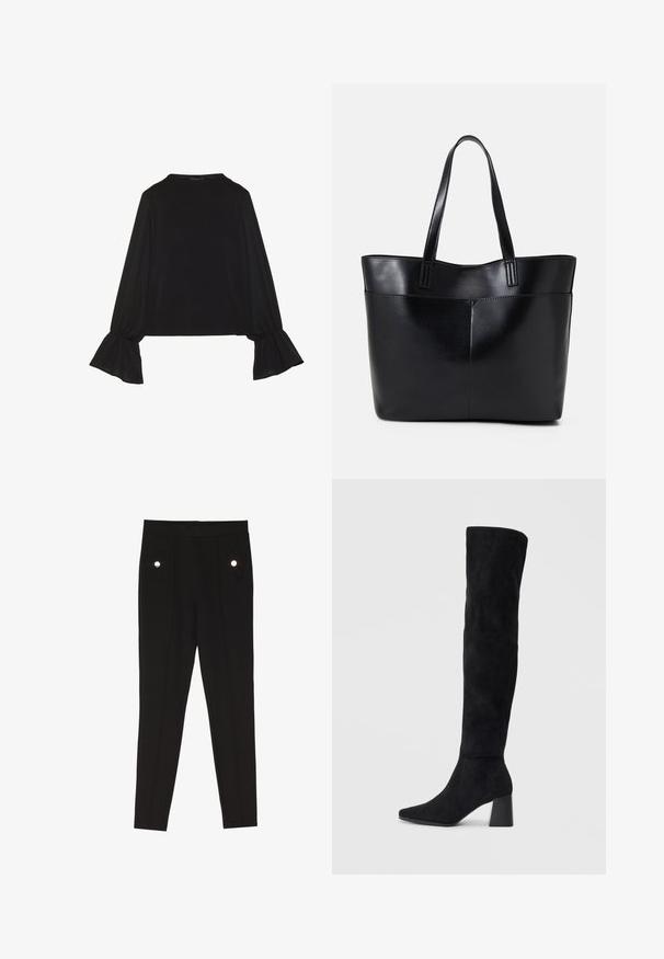 Fekete, hosszú ujjú felső, harang alakú mandzsettákkal, puha textúrával és laza szabással, egyszerű, kerek nyakkivágással.; Fekete, szabott nadrág sima felülettel, elülső zsebekkel díszítő hardware részletekkel, slim-fit kialakítással.; Fekete nubuk térd fölé érő csizma, tömbsarokkal, hegyes orral és sima, varrat nélküli dizájnnal, világos háttérrel.; Fekete bőr bevásárlótáska két hosszú fogantyúval, sima felülettel és strukturált formával. Elülső zseb található rajta a plusz tárolás érdekében.