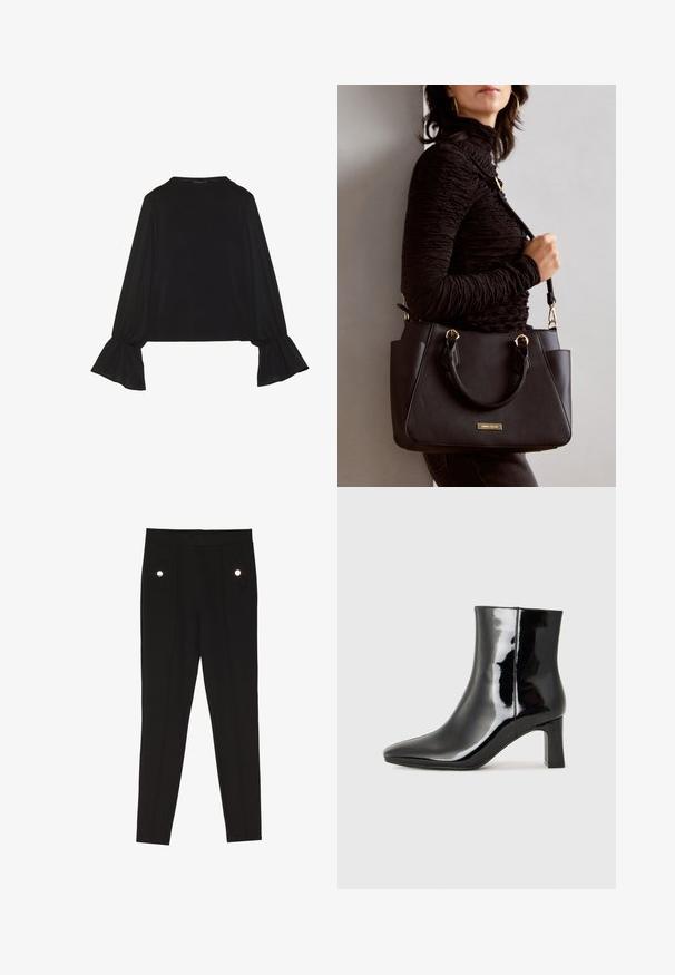 Zwarte langemouwen top met uitlopende manchetten, een zachte textuur en een relaxed fit, met een eenvoudige ronde halslijn.; Zwarte op maat gemaakte broeken met een gladde textuur, voorzien van twee voorkruim pockets met decoratieve hardwareaccenten en een slim-fit ontwerp.; Zwarte gepolijste leren enkellaars met een spitse neus en een blokhak van gemiddelde hoogte. Glad textuur en minimalistisch ontwerp.; Zwarte handtas met gestructureerd oppervlak, dubbele bovenhandvatten en verstelbare schouderriem. Voorzien van goudkleurige hardware en zijzakken.