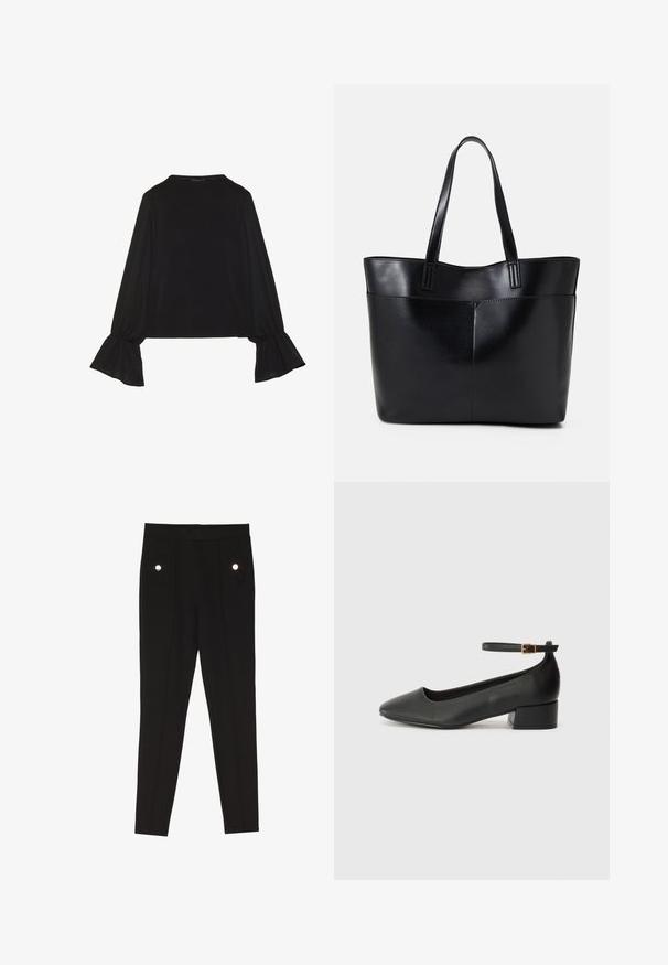 Black long-sleeve top featuring flared cuffs, soft texture, and a relaxed fit, with a simple round neckline.; Black tailored pants with a smooth texture, featuring two front pockets with decorative hardware accents, and a slim-fit design.; Black leather pump with a pointed toe and a low block heel. Features an ankle strap with a gold-tone buckle. Smooth texture.; Black leather tote bag with two long handles, a smooth texture, and a structured shape. Features a front pocket for additional storage.