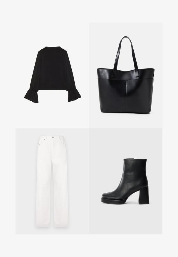 Top preto de mangas longas com punhos largos, textura suave e um corte descontraído, com um simples decote redondo.; Calças de algodão brancas de perna larga com um clássico design de cinco bolsos e fecho de botão metálico, apresentando detalhes de costura subtil.; Bota de couro preta até ao tornozelo com salto bloco e sola com plataforma, vista de lado sobre um fundo branco liso.; Bolsa tote preta em couro com duas alças longas, textura suave e forma estruturada. Apresenta um bolso frontal para armazenamento adicional.