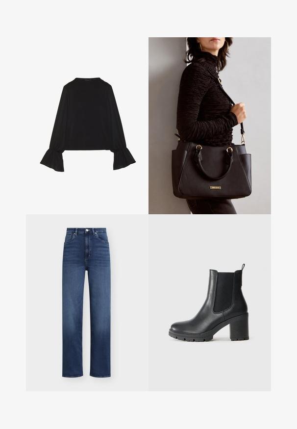 Crna majica dugih rukava s proširenim manžetama, mekanim materijalom i opuštenim krojem, s jednostavnim okruglim izrezom.; Tamnoplave traperice visokog struka, ravnog kroja nogavica i klasičnog petdžepnog dizajna. Imaju zatvarač i gumb za pričvršćivanje.; Crne kožne gležnjače s elastičnim bočnim panelima, masivnim gumenim potplatom i visokom blok petom. Imaju ručku na stražnjem dijelu.; Crna torba s teksturiranom površinom, dvostrukim gornjim ručkama i podesivom remenom za rame. Ima zlatne metalne detalje i bočne džepove.