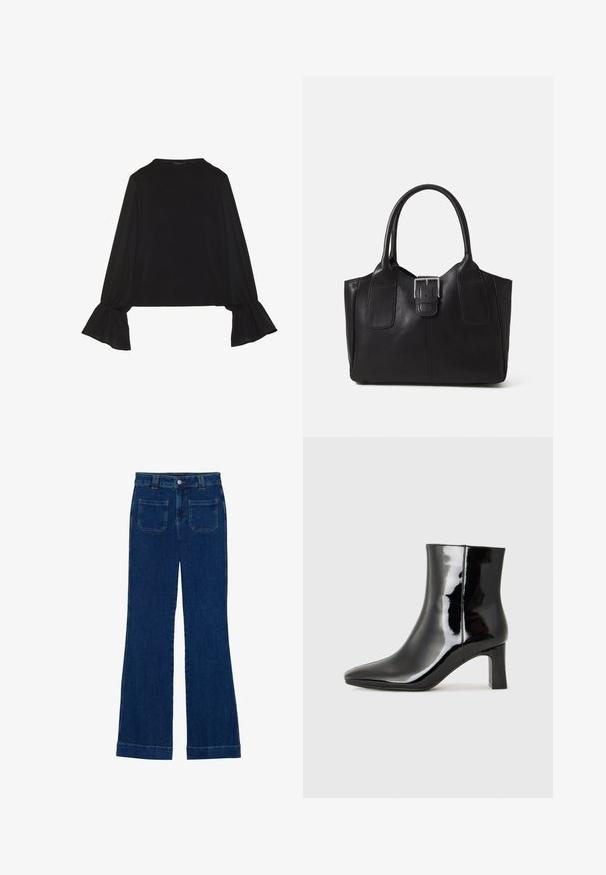 Mustsärgid musta tooniga, pika varrukaga, flöödid käised, pehme tekstuur ja vabalt langev lõige, lihtsa ümaraga kaelusega.; Tumedat sinised flared teksad, millel on sile tekstuur, viie tasku disain ja nupuga kinnitamine vööl.; Must-sinine nahkjalats musta läikiva viimistlusega, millel on terav nina ja keskmise kõrgusega plokk konts. Sile tekstuur ja minimalistik disain.; Mustgamma nahast kott, millel on sile tekstuur, struktureeritud kuju, kaks käepidet ja esiküljel silmapaistev hõbedane pandla detail.