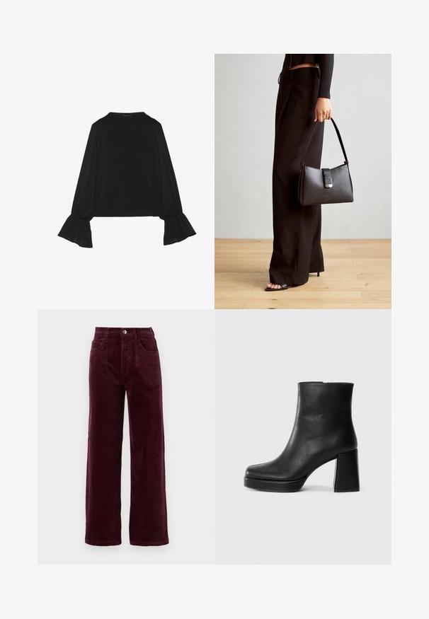Top preto de mangas longas com punhos largos, textura suave e um corte descontraído, com um simples decote redondo.; Calças de cordura bordeaux de corte reto com cintura alta, cinco bolsos e fecho frontal com botão de metal. Tecido texturizado com riscas verticais.; Bota de couro preta até ao tornozelo com salto bloco e sola com plataforma, vista de lado sobre um fundo branco liso.; Bolsa preta com forma estruturada, textura suave e um fecho metálico. Combinada com calças largas pretas e sandálias de salto aberto sobre um chão de madeira.