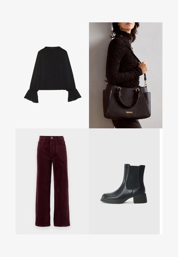 Schwarz langärmliges Oberteil mit ausgestellt geschnittenen Bündchen, weicher Textur und entspannter Passform, mit einem schlichten runden Halsausschnitt.; Burgunderfarbene Corduroy-Hosen mit geradem Bein und hoher Taille, fünf Taschen und einem vorderen Metallknopfverschluss. Strukturierter Stoff mit vertikaler Rippung.; Schwarze Leder-Stiefelette mit elastischen seitlichen Einsätzen, runder Zehenpartie und niedrigem Blockabsatz. Die Oberfläche hat eine glatte Textur und minimalistische Details.; Schwarze Handtasche mit strukturierten Oberflächen, doppelten Obergriffen und verstellbarem Schultergurt. Mit goldfarbener Hardware und Seitentaschen.