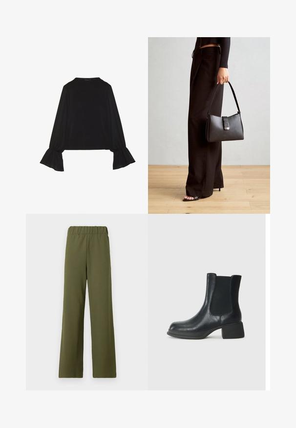 Maglietta nera a maniche lunghe con polsini svasati, texture morbida e vestibilità rilassata, con un semplice collo rotondo.; TOM TAILOR DENIM PLEATED PANTS - Pantaloni - grape leaf green; Stivaletto in pelle nera con pannelli laterali elasticizzati, punta arrotondata e tacco basso a blocco. La superficie ha una texture liscia e un design minimale.; Borsa nera con forma strutturata, texture liscia e una chiusura metallica. Abbinata a pantaloni neri larghi e sandali open-toe su un pavimento in legno.