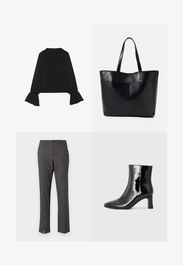 Black long-sleeve top featuring flared cuffs, soft texture, and a relaxed fit, with a simple round neckline.; Gray tailored trousers made of textured fabric, featuring a subtle check pattern, front pockets, and side slits at the hem.; Black patent leather ankle boot with a pointed toe and a mid-height block heel. Smooth texture and minimalist design.; Black leather tote bag with two long handles, a smooth texture, and a structured shape. Features a front pocket for additional storage.