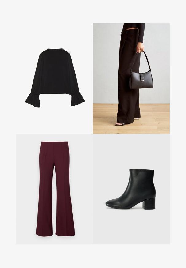 Black long-sleeve top featuring flared cuffs, soft texture, and a relaxed fit, with a simple round neckline.; High-waist, burgundy flared trousers with front darts and a tailored fit, displayed on a white background.; Black leather ankle boots with a pointed toe and a chunky heel. Smooth texture with minimal accents and a sleek, fitted design.; Black handbag with structured shape, smooth texture, and a metallic clasp. Paired with wide black pants and open-toe sandals on wooden floor.