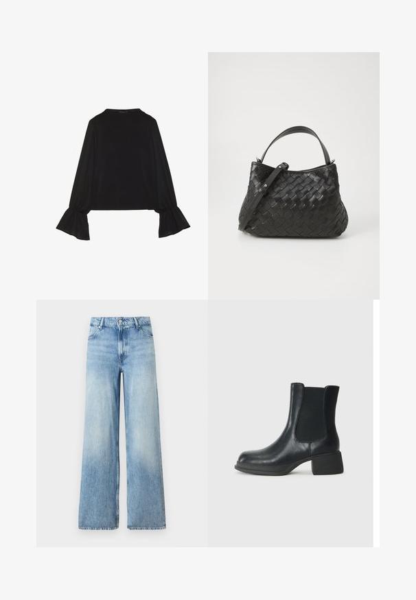 Svart langermet topp med utsvingte mansjetter, myk tekstur og avslappet passform, med enkel rund hals.; Lyseblå denim bukser med vide ben og en falmet tekstur, fem lommer, beltehemper, samt glidelås og knapp foran.; Sorte skinn ankle boots med elastiske sidepaneler, rund tå og en lav blokk hæl. Overflaten har en jevn tekstur og minimal detaljering.; Svart vevd lærhåndveske med en avrundet form, som har et topphåndtak og en avtakbar stropp. Glatt tekstur og subtile sømdetaljer.