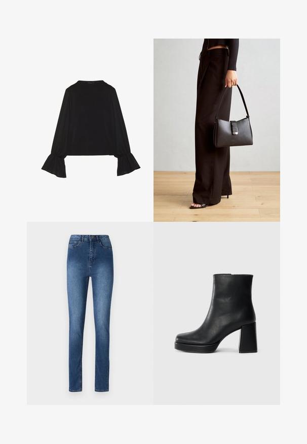 Musta pitkähihainen toppi, jossa on levenevät hihansuut, pehmeä rakenne ja rento fit, yksinkertaisella pyöreällä pääntiellä.; Siniset farkut kapealla mitoituksella, keskikorkealla vyötäröllä, viidellä taskulla ja huomaamattomilla tikkauksilla. Sileä rakenne ja klassinen muotoilu.; Musta nahkasaapas nilkkapituisena, jossa on paksu korko ja alustapohja, nähtynä sivulta yksinkertaisella valkoisella taustalla.; Musta käsilaukku, jossa on rakenteellinen muoto, sileä pinta ja metallinen solki. Yhdistetty leveisiin mustiin housuihin ja avonaiheisiin sandaaleihin puulattialla.