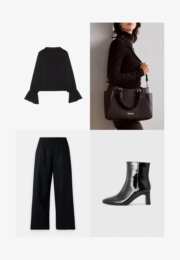 Black long-sleeve top featuring flared cuffs, soft texture, and a relaxed fit, with a simple round neckline.; Black wide-leg trousers with an elastic waistband, featuring smooth, lightweight fabric and a relaxed fit. No pockets or visible embellishments.; Black patent leather ankle boot with a pointed toe and a mid-height block heel. Smooth texture and minimalist design.; Black handbag with textured surface, dual top handles, and adjustable shoulder strap. Features gold-tone hardware and side pockets.