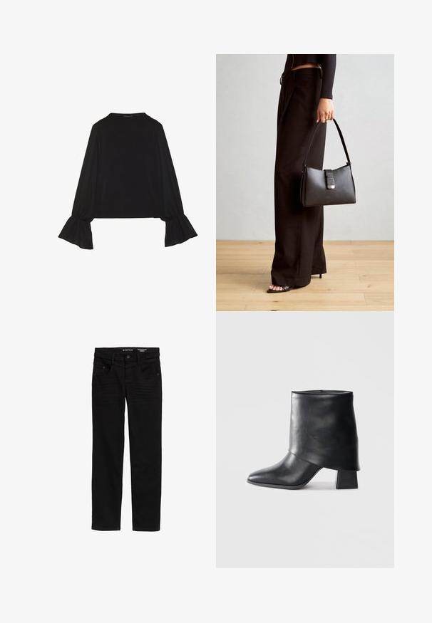 Fekete, hosszú ujjú felső, harang alakú mandzsettákkal, puha textúrával és laza szabással, egyszerű, kerek nyakkivágással.; Fekete, egyenes szabású farmernadrág, gombos és cipzáras záródással, két elülső zsebbe és finom textúra részletek.; Fekete bőr bokacsizma, hegyes orral, sima felülettel és strukturált blokk sarokkal. Magas, hajtott szegéllyel rendelkezik.; Fekete kézi táska strukturált formával, sima textúrával és fémből készült záródással. Széles fekete nadrággal és nyitott orrú szandállal párosítva, fából készült padlón.