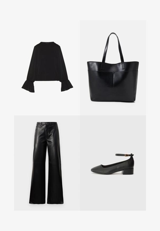 Musta pitkähihainen toppi, jossa on levenevät hihansuut, pehmeä rakenne ja rento fit, yksinkertaisella pyöreällä pääntiellä.; Mustat korkeat leveät keinonahkahousut, joissa on etupainike, vetoketjukiinnitys, vyölenkit ja sivutaskut valkoista taustaa vasten.; Mustat nahkakengät, joissa on terävä kärki ja matala lohkare korko. Varustettu nilkkahihnalla, jossa on kultasävyinen solki. Lisää sileä pinta.; Musta nahkainen kassi, jossa on kaksi pitkää kahvaa, sileä pinta ja jämäkkä muoto. Sisältää etutaskun lisävarastointia varten.