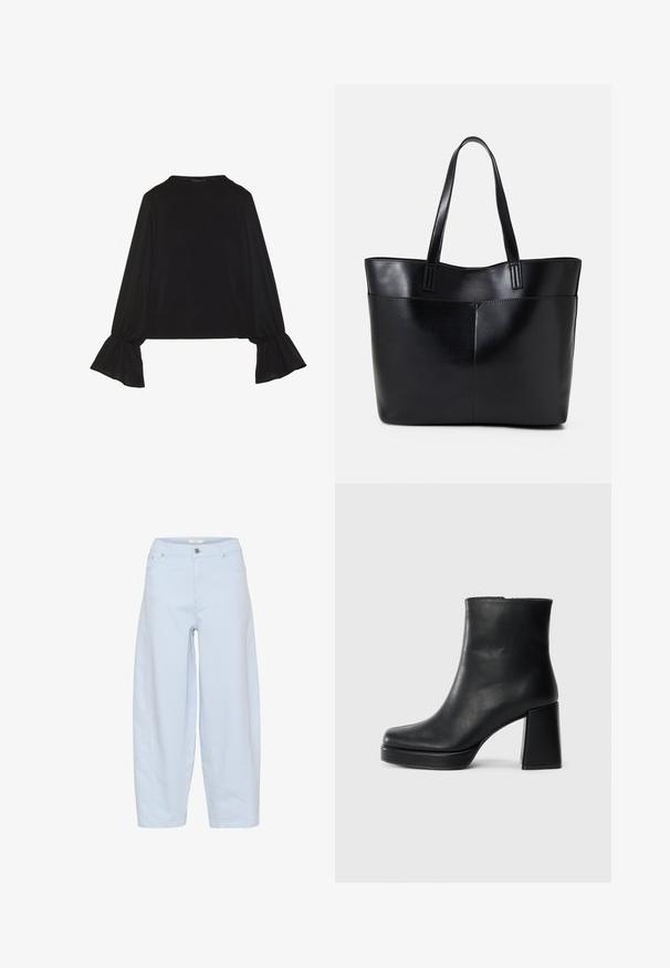 Juoda ilgomis rankovėmis palaidinė su išsiplėtusiais rankogaliais, minkšta tekstūra ir laisva forma, su paprastu apvaliu kaklu.; Šviesiai mėlynos plačios džinsinės kelnės, pagamintos iš denimo, su klasikinio penkių kišenių dizainu, mygtuko uždarymu ir tvarkingais siuvinėjimo detalėmis.; Juodas odinis kulkšninis botas su bloku ir platformos padu, matomas šoniniu vaizdu ant balto fono.; Juoda odinė rankinė su dviem ilgais diržais, lygiu paviršiumi ir struktūrizuota forma. Yra priekinė kišenė papildomam saugojimui.
