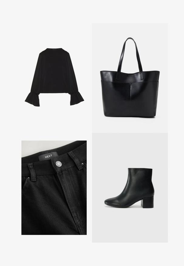 Černý top s dlouhými rukávy, který má rozšířené manžety, jemnou texturu a volný střih, s jednoduchým kulatým výstřihem.; Černé džínové kalhoty s zapínáním na knoflík, poutky na opasek a tónovaným švem. Na pase je viditelný štítek "NEXT". Textura vypadá pevně.; Černé kožené kotníkové boty s špičatou špičkou a robustním podpatkem. Hladký povrch s minimálními akcenty a elegantním, přiléhavým designem.; Černá kožená taška s dlouhými ušima, hladkým povrchem a strukturovaným tvarem. Obsahuje přední kapsu pro další úložný prostor.