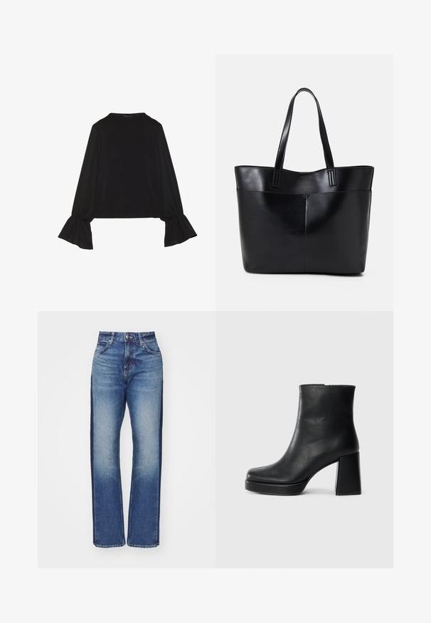Top preto de mangas longas com punhos largos, textura suave e um corte descontraído, com um simples decote redondo.; Jeans azuis de cintura alta com um desbotado, apresentando painéis laterais escuros e um corte reto. Feitos de denim com costura standard.; Bota de couro preta até ao tornozelo com salto bloco e sola com plataforma, vista de lado sobre um fundo branco liso.; Bolsa tote preta em couro com duas alças longas, textura suave e forma estruturada. Apresenta um bolso frontal para armazenamento adicional.