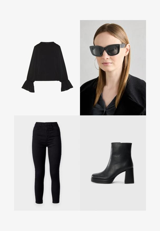 Top preto de mangas longas com punhos largos, textura suave e um corte descontraído, com um simples decote redondo.; Jeans skinny pretos com uma cintura alta, feitos de denim elástico. Apresenta um fecho frontal com botão e dois bolsos traseiros. Textura suave.; Bota de couro preta até ao tornozelo com salto bloco e sola com plataforma, vista de lado sobre um fundo branco liso.; Óculos de sol pretos em formato de gato com lentes escuras, armações grossas e acentos subtis. Usados com um casaco preto e uma blusa cinza, apresentando cabelo longo e liso.